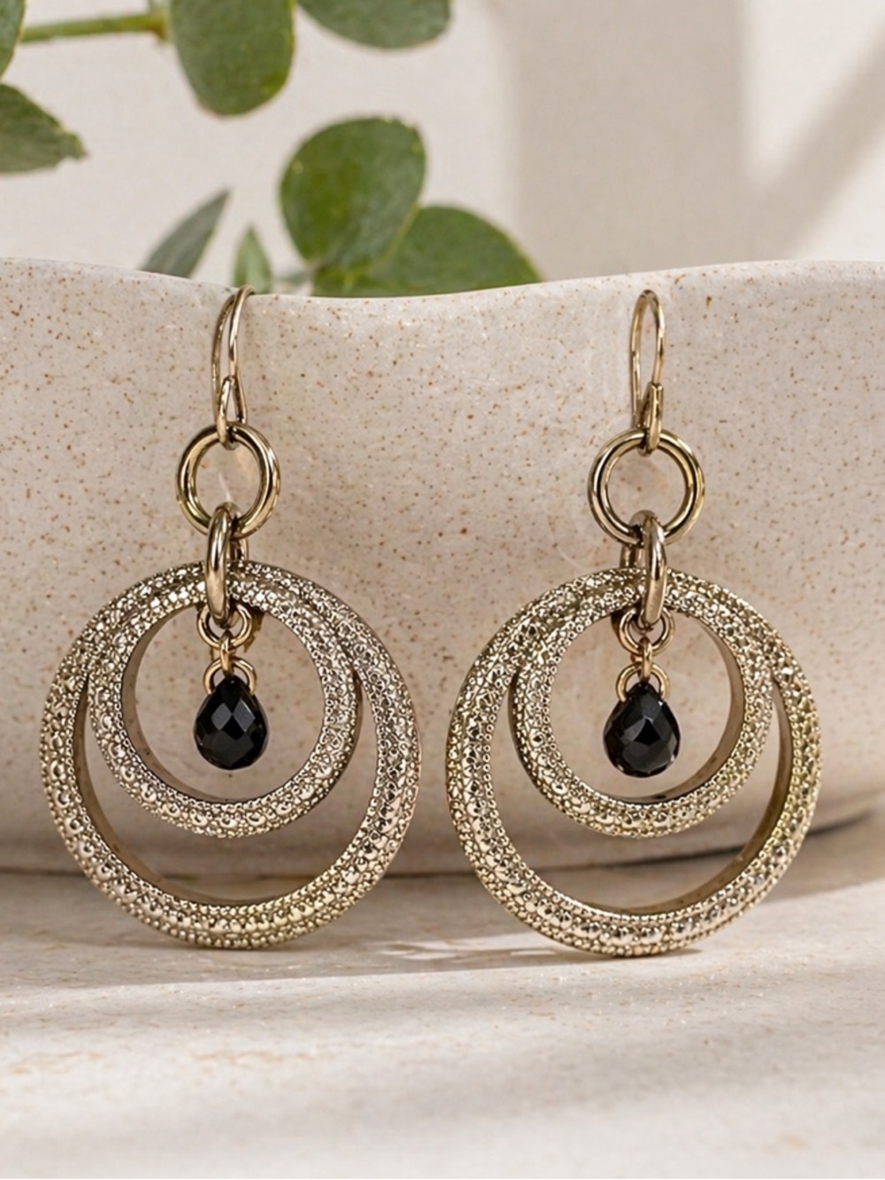 Vintage 925 Sterling Silver Double Hoop Dangle Earrings Black Teardrop Marcasite